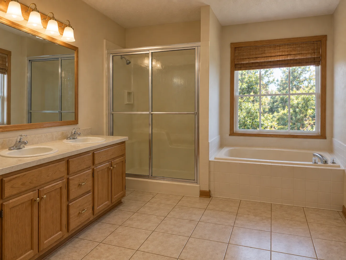 Bathroom before renovation, with an oak vanity, framed glass shower and a tiled drop-in tub